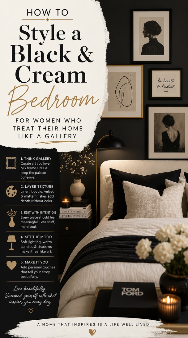 How to Style a Black & Cream Bedroom for Women Who Treat Their Home Like a Gallery — Pinterest Pin