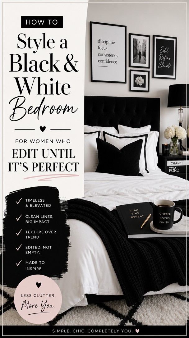 How to Style a Black & White Bedroom for Women Who Edit Until It's Perfect — Pinterest Pin