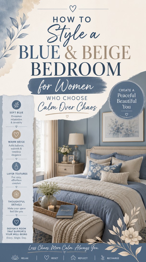 How to Style a Blue & Beige Bedroom for Women Who Choose Calm Over Chaos — Pinterest Pin