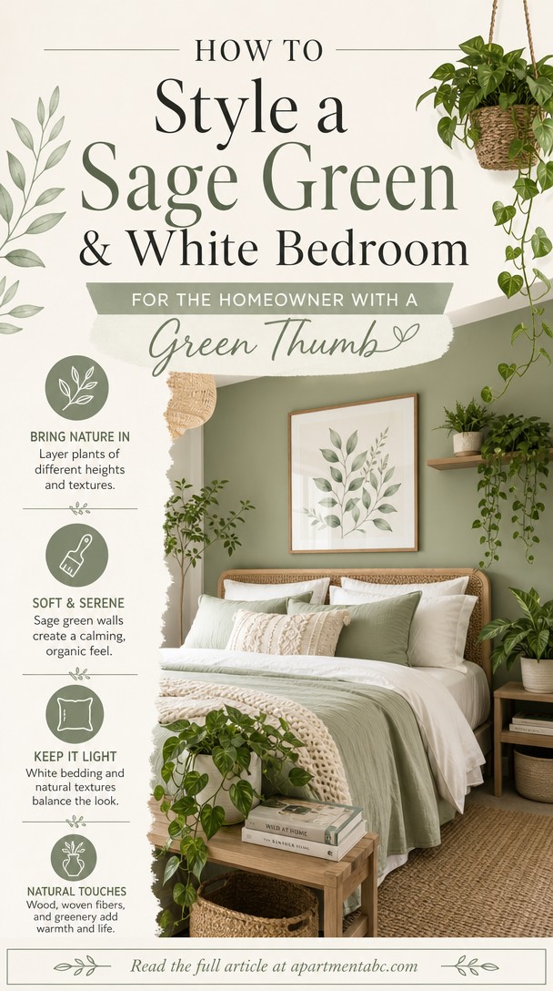 How to Style a Sage Green & White Bedroom for the Homeowner With a Green Thumb — Pinterest Pin