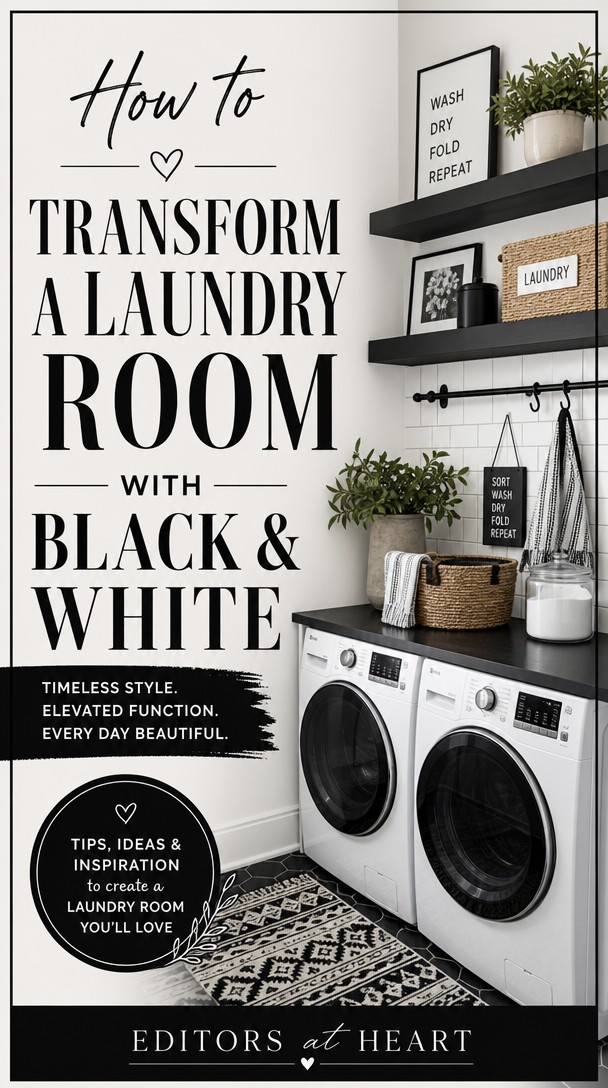 How to Transform a Laundry Room With Black & White for Editors at Heart — Pinterest Pin