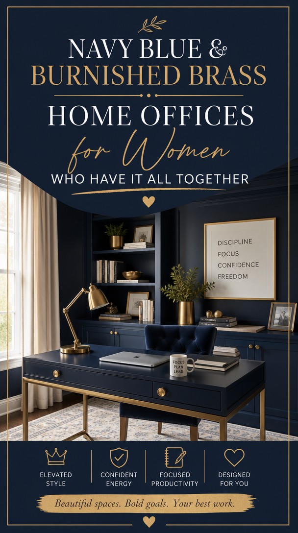 Navy Blue & Burnished Brass Home Offices for Women Who Have It All Together — Pinterest Pin