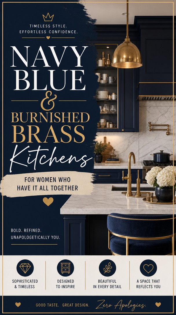 Navy Blue & Burnished Brass Kitchens for Women Who Have It All Together — Pinterest Pin
