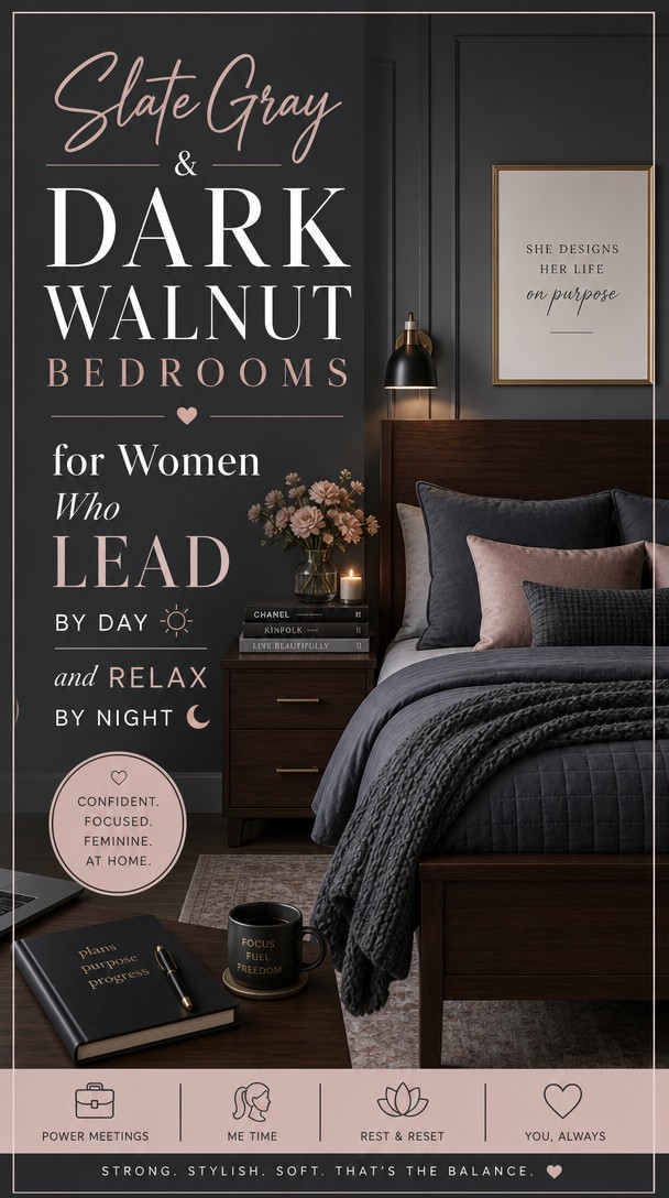 Slate Gray & Dark Walnut Bedrooms for Women Who Lead by Day and Relax by Night — Pinterest Pin