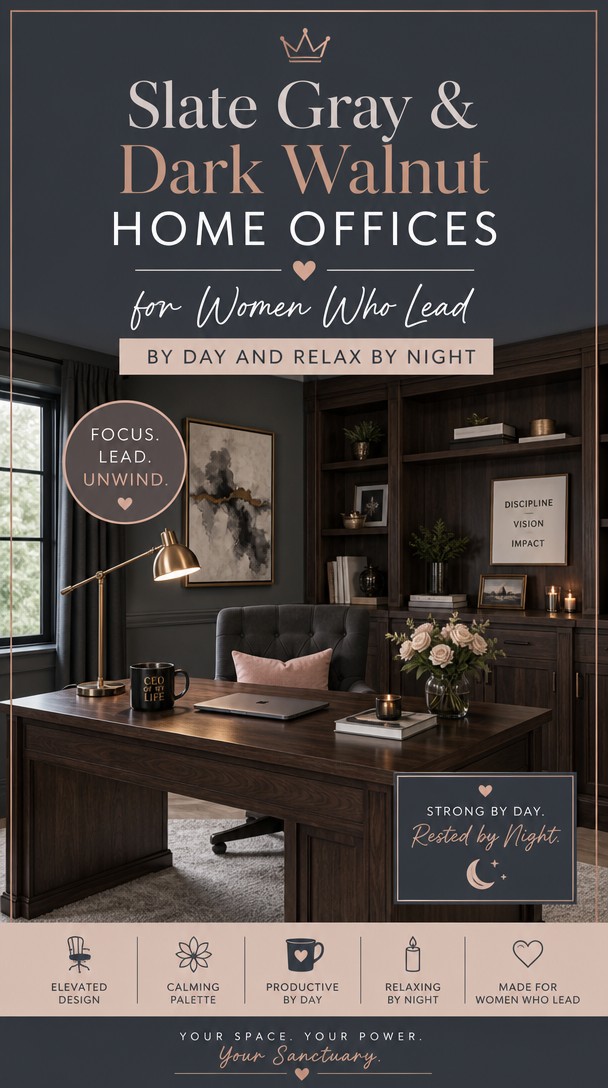 Slate Gray & Dark Walnut Home Offices for Women Who Lead by Day and Relax by Night — Pinterest Pin