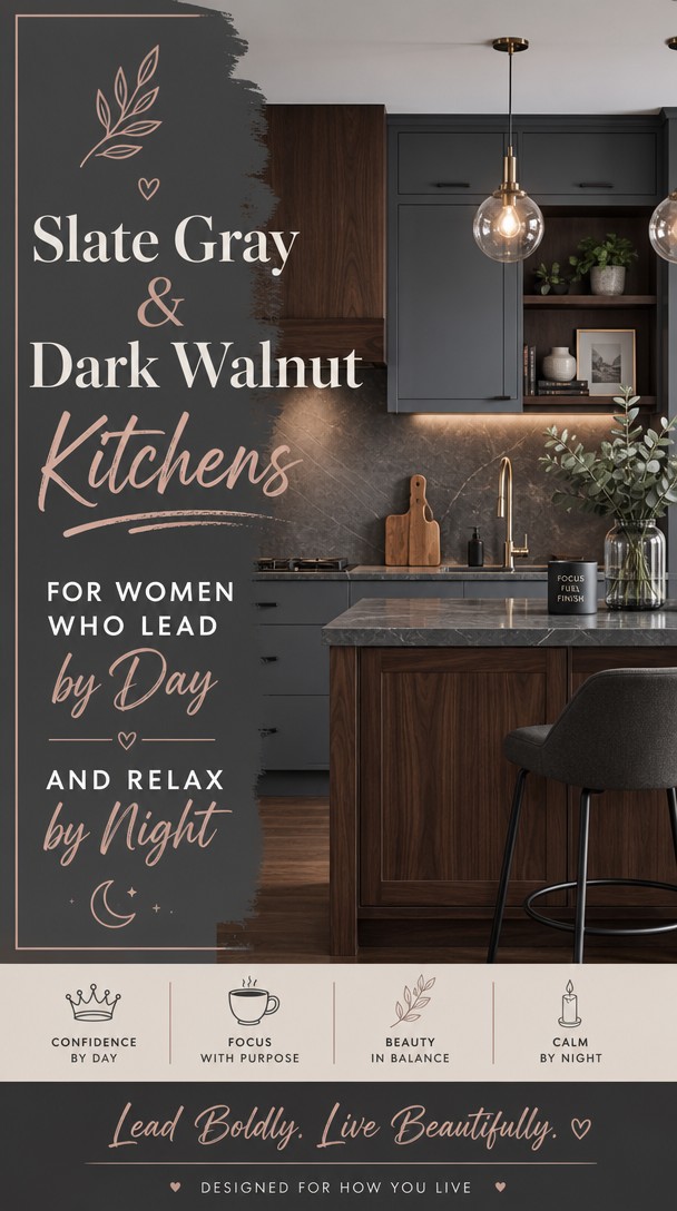 Slate Gray & Dark Walnut Kitchens for Women Who Lead by Day and Relax by Night — Pinterest Pin