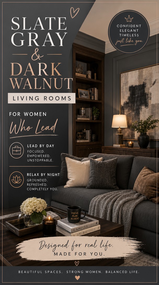 Slate Gray & Dark Walnut Living Rooms for Women Who Lead by Day and Relax by Night — Pinterest Pin