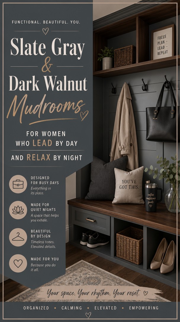 Slate Gray & Dark Walnut Mudrooms for Women Who Lead by Day and Relax by Night — Pinterest Pin