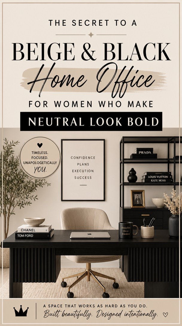 The Secret to a Beige & Black Home Office for Women Who Make Neutral Look Bold — Pinterest Pin