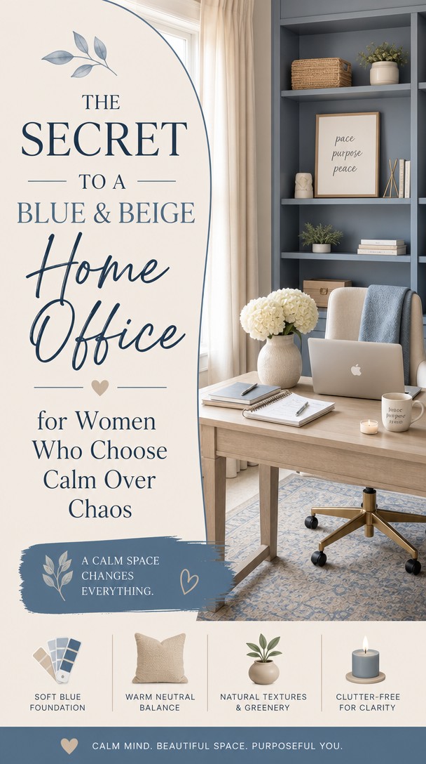 The Secret to a Blue & Beige Home Office for Women Who Choose Calm Over Chaos — Pinterest Pin