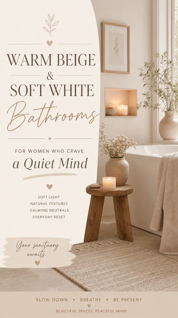 Warm Beige & Soft White Bathrooms for Women Who Crave a Quiet Mind — Pinterest Pin