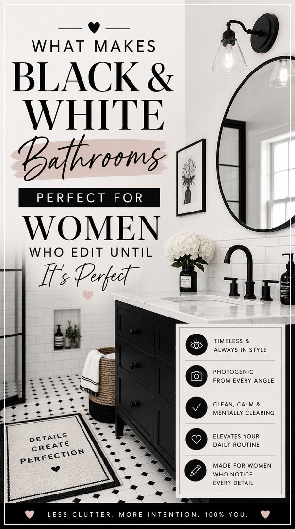 What Makes Black & White Bathrooms Perfect for Women Who Edit Until It's Perfect — Pinterest Pin