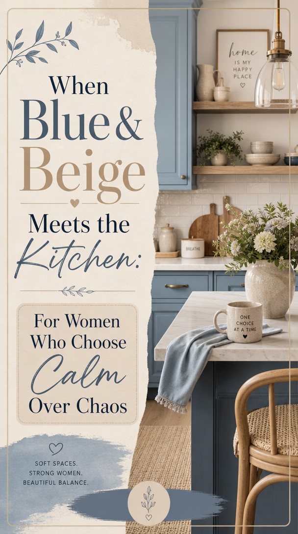 When Blue & Beige Meets the Kitchen: For Women Who Choose Calm Over Chaos — Pinterest Pin