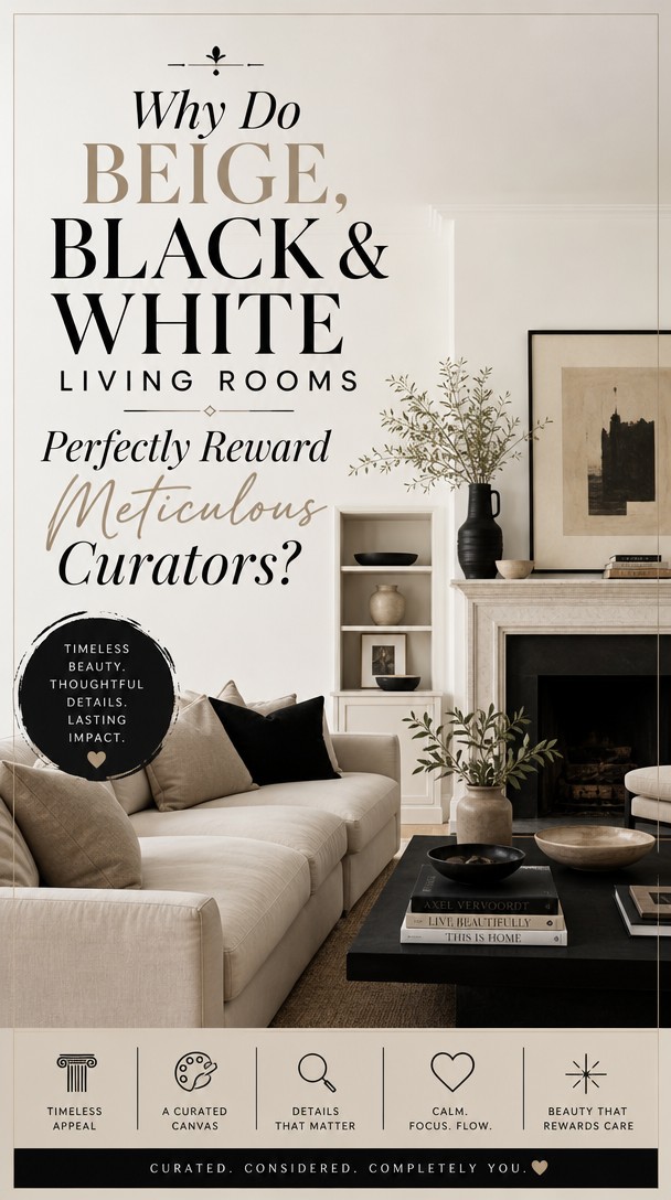 Why Do Beige, Black & White Living Rooms Perfectly Reward Meticulous Curators? — Pinterest Pin