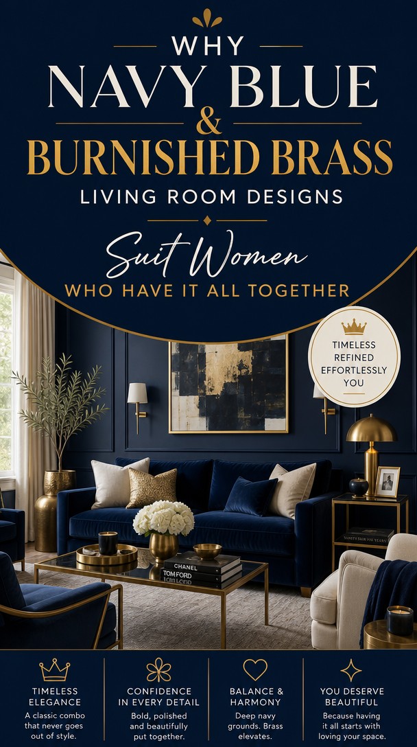 Why Navy Blue & Burnished Brass Living Room Designs Suit Women Who Have It All Together — Pinterest Pin