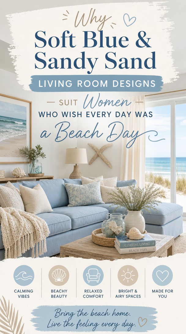 Why Soft Blue & Sandy Sand Living Room Designs Suit Women Who Wish Every Day Was a Beach Day — Pinterest Pin