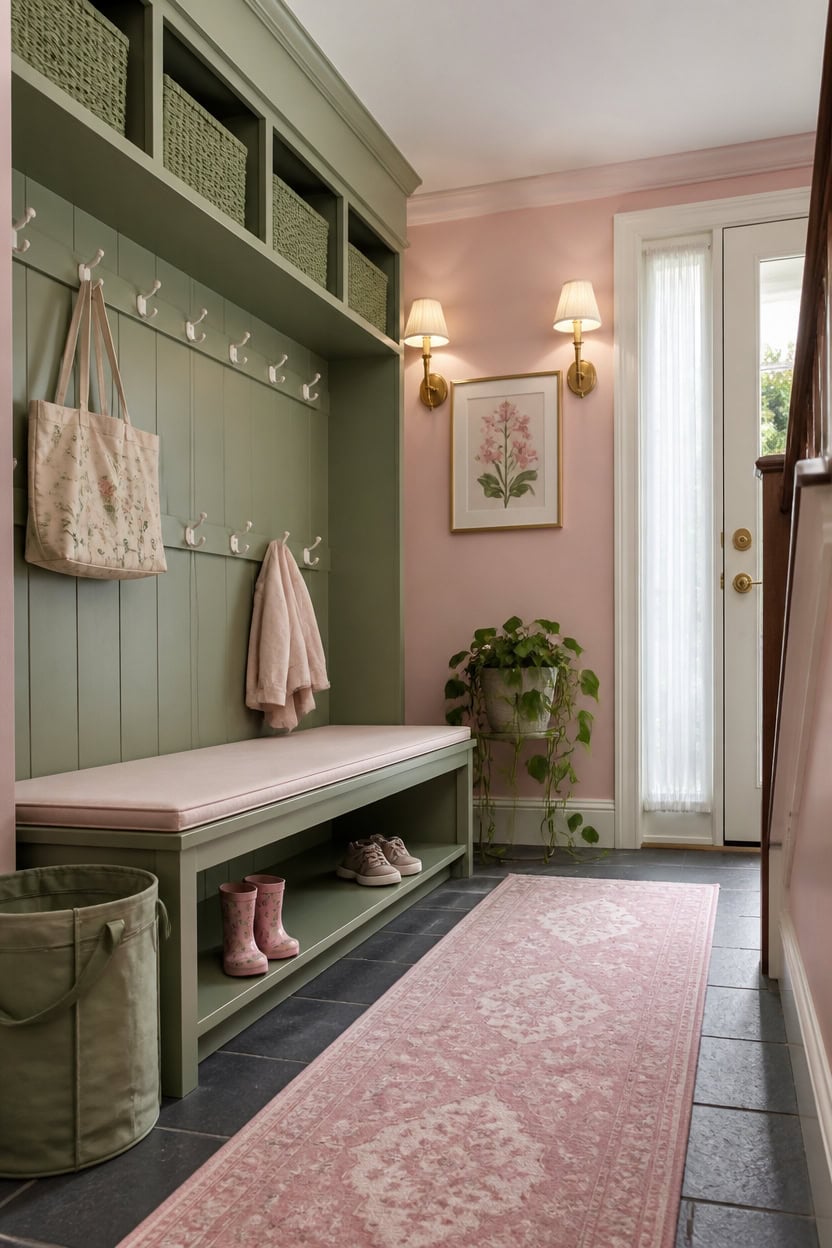 Entryway with green storage bench, wall hooks, pink decor, and natural light.
