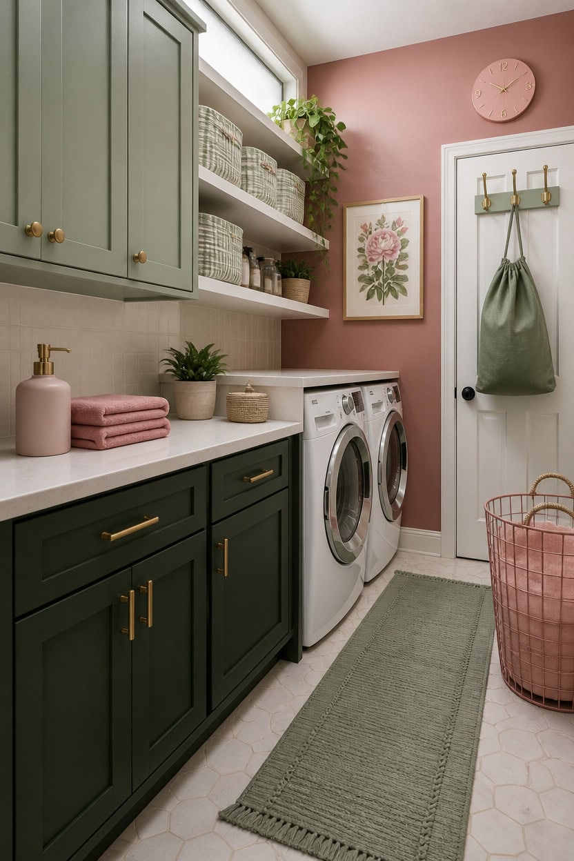 Laundry room with green cabinets, pink walls, and washer/dryer units.