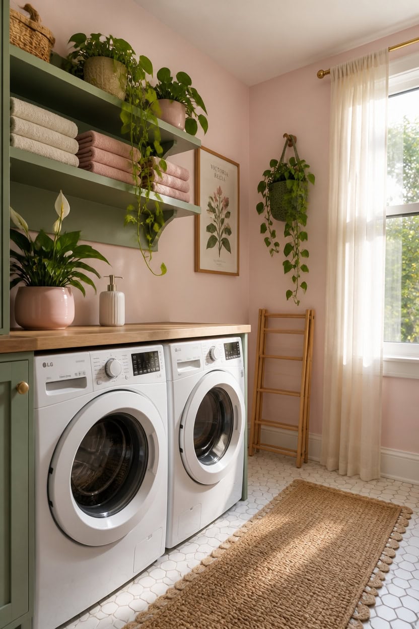 Bright laundry room with washing machine, green shelves, and lush plants by the window.