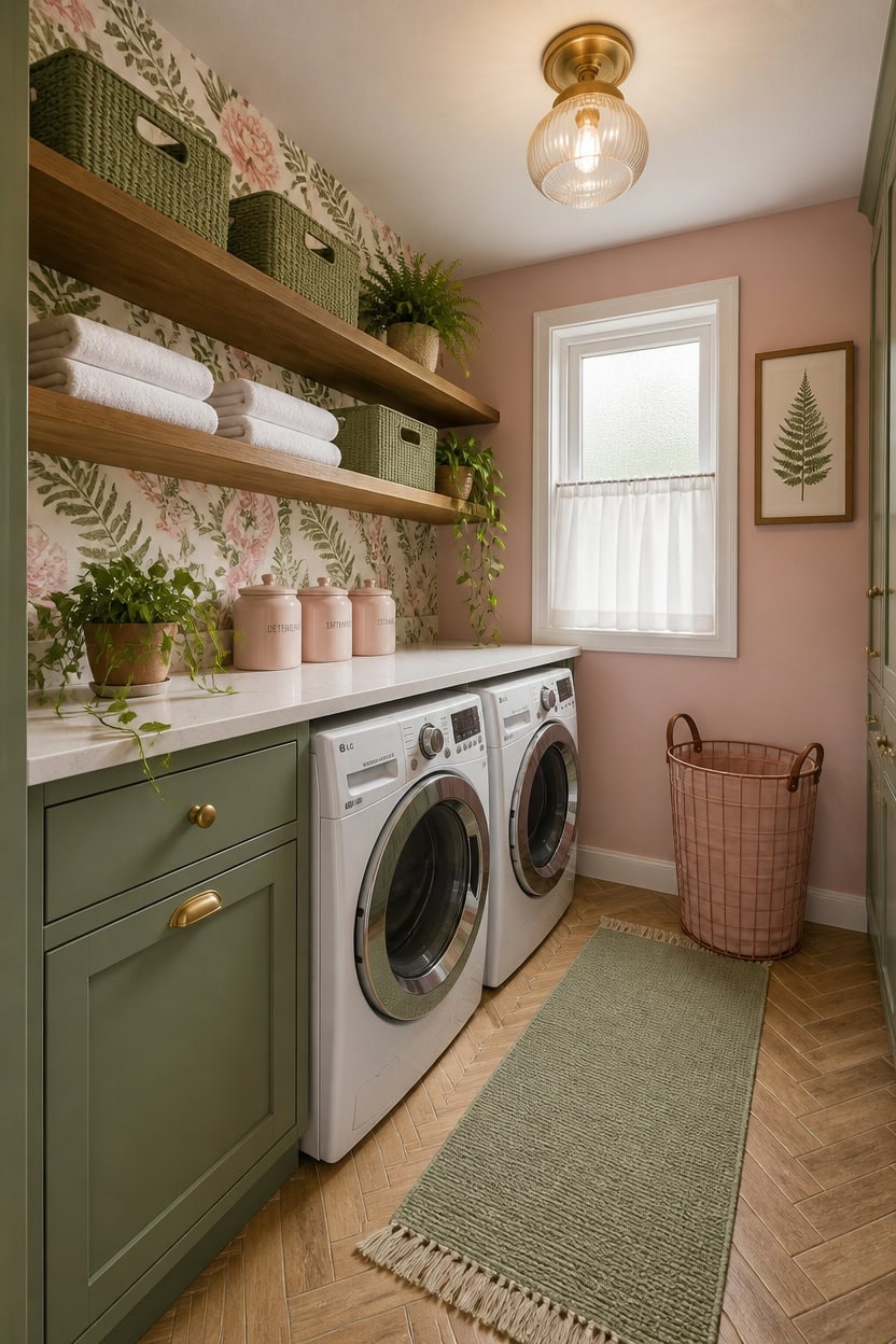 Bright laundry room featuring green cabinets, floral wallpaper, and natural light from a window.