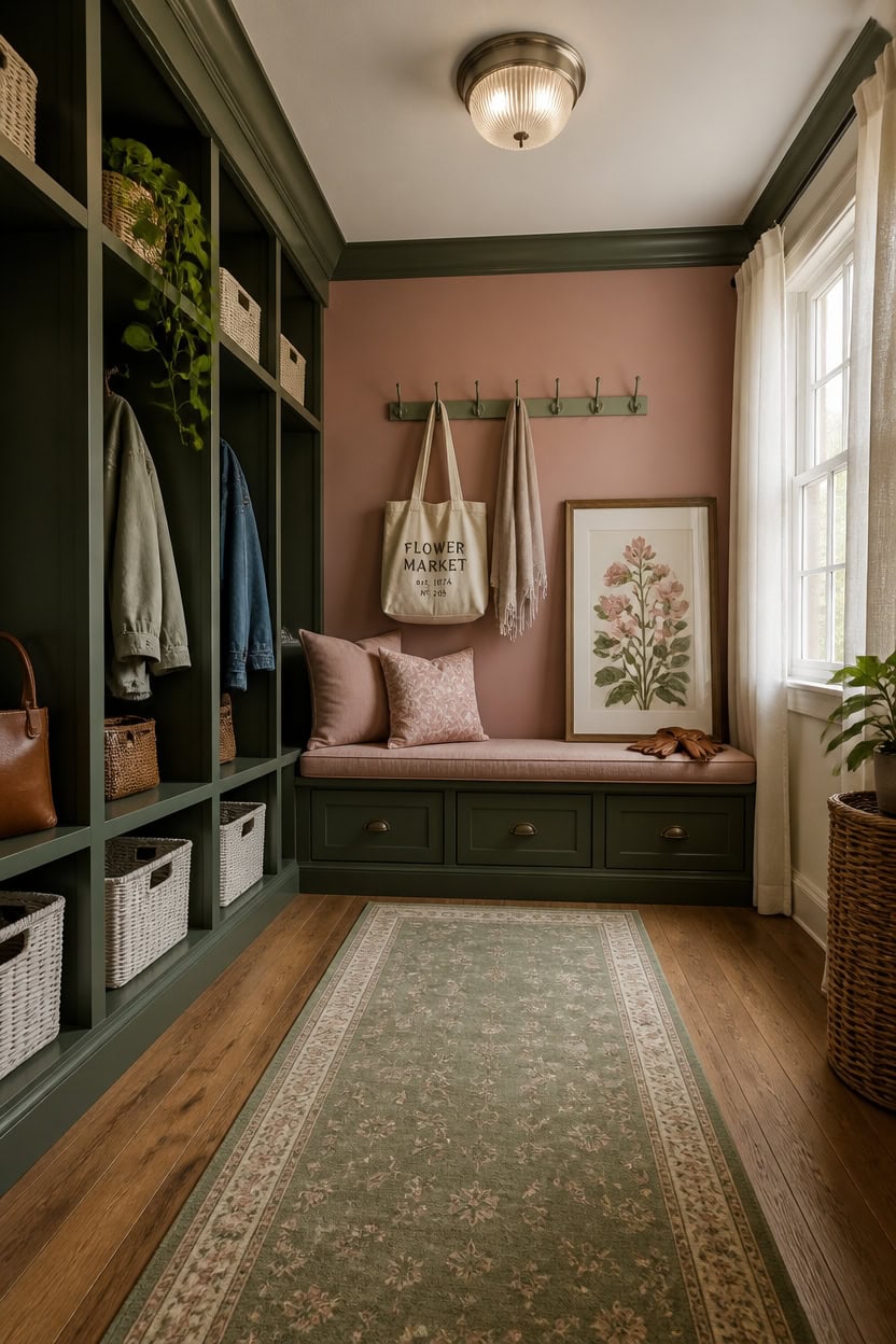 Inviting mudroom with built-in storage, pink walls, and natural light.