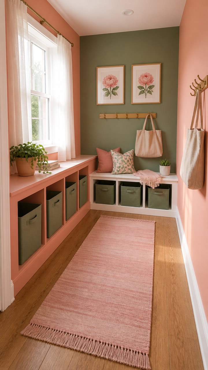 Bright entryway with window, storage benches, and wall decor.