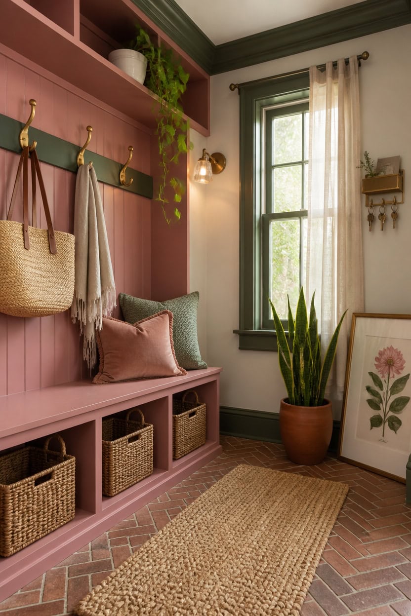 Entryway with pink wall, hooks, baskets, and indoor plants.