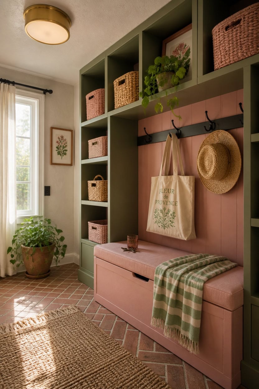 Organized mudroom with green shelving, baskets, hooks, and a pink bench with a throw blanket.