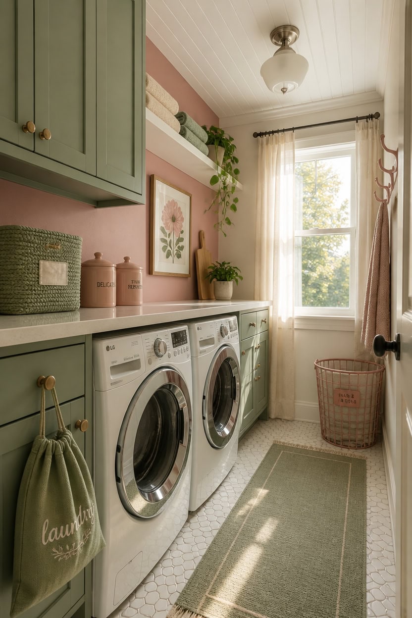 Bright laundry room featuring green cabinetry, a large window with sheer curtains, and modern washer.