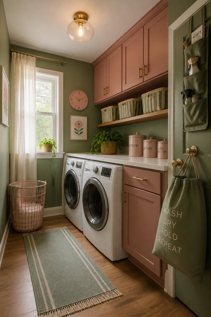 Bright laundry room featuring pink cabinets, washer and dryer, and green accents.