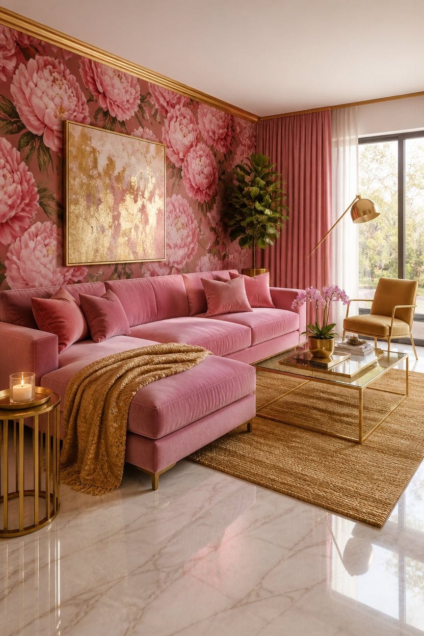 pink velvet and gold accents