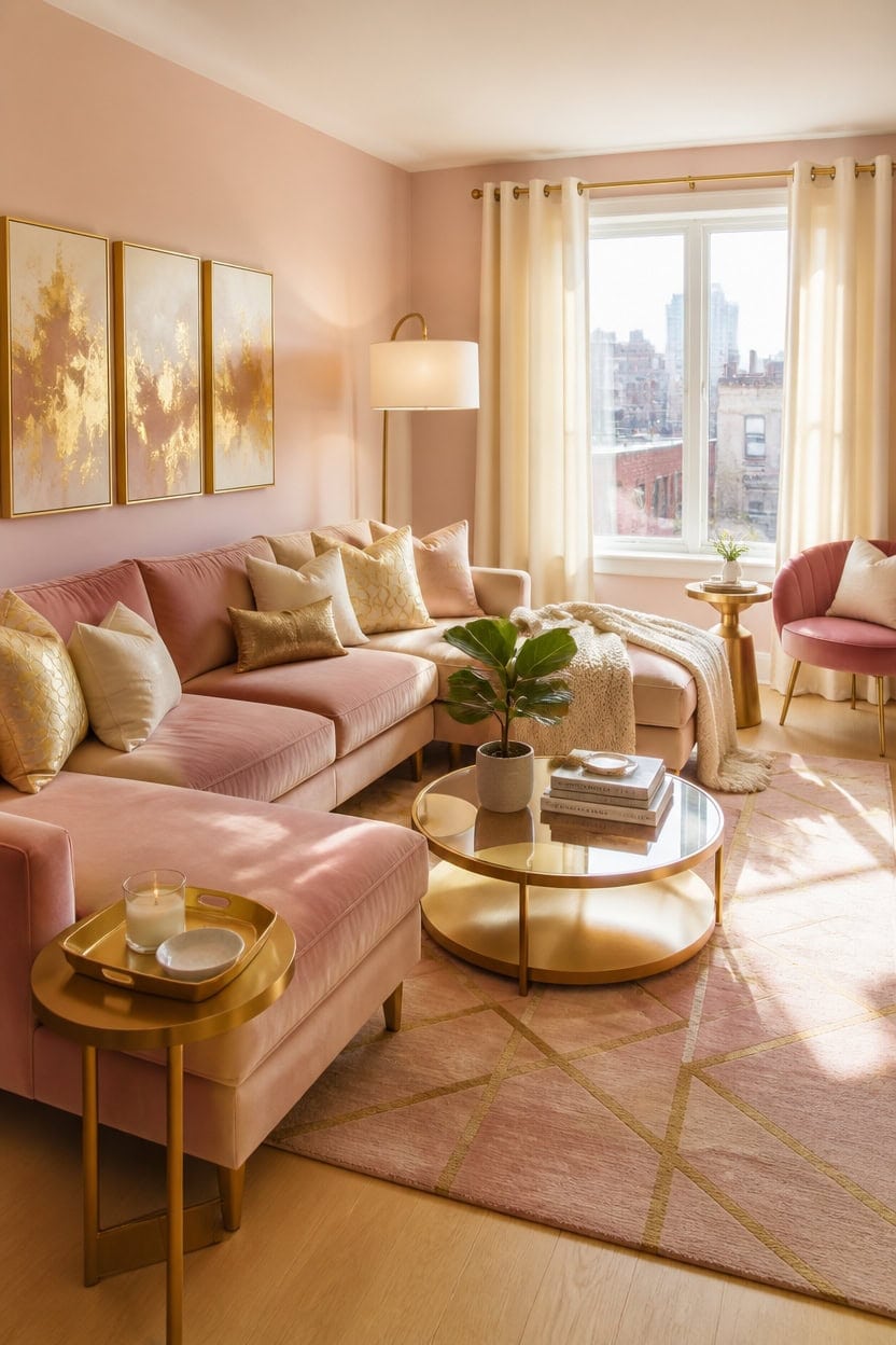 pink velvet gold accents