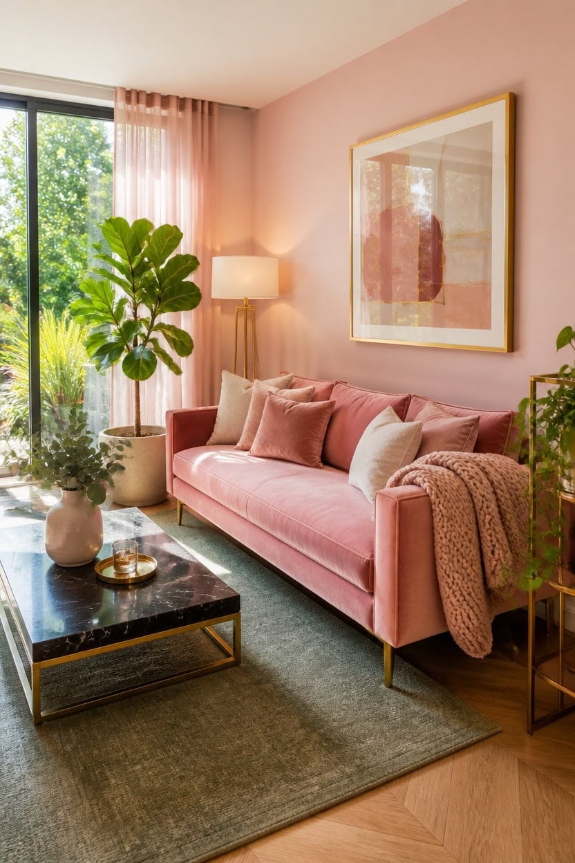 pink velvet gold greenery