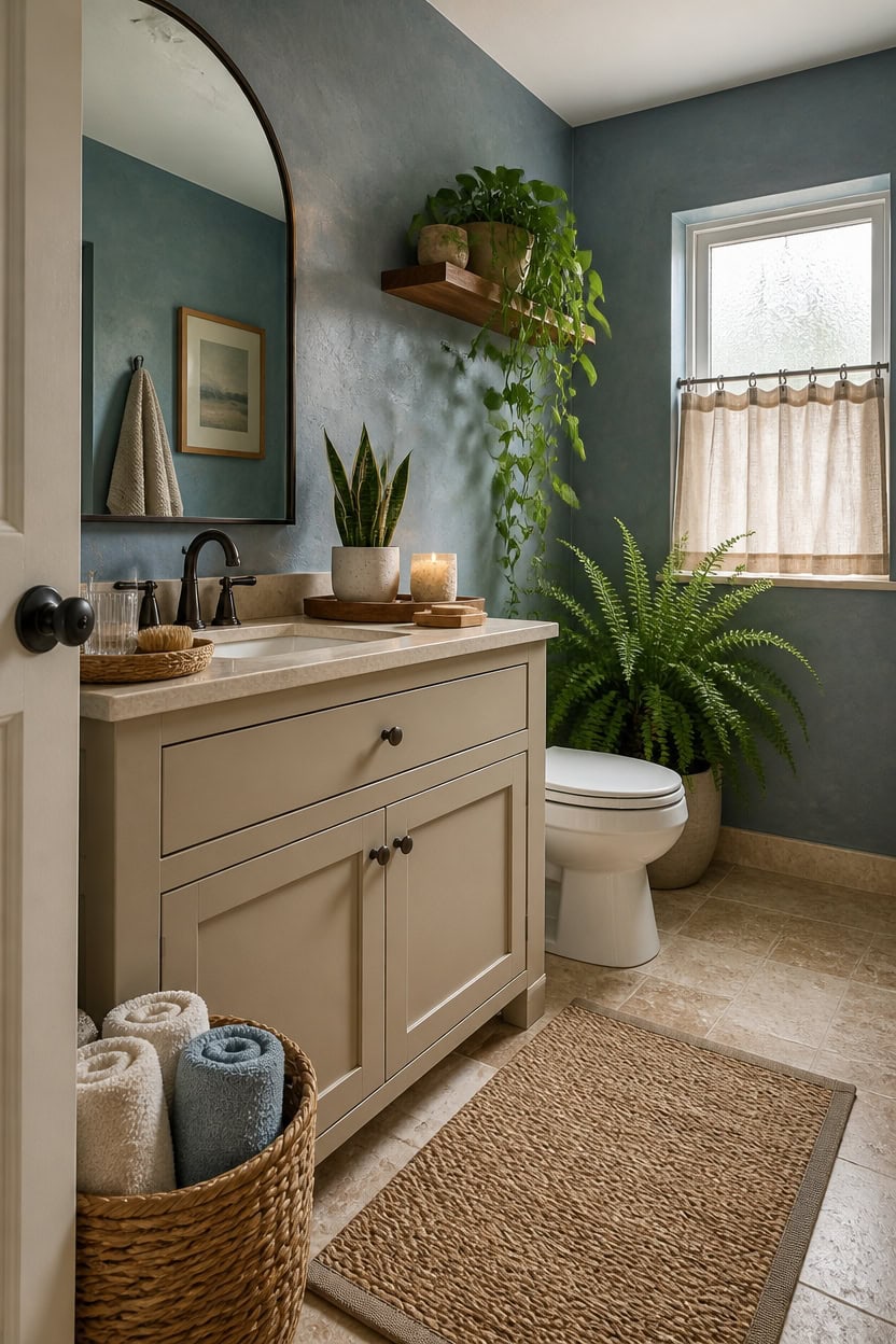 Bright bathroom featuring a beige vanity, large mirror, and lush green plants near a window.