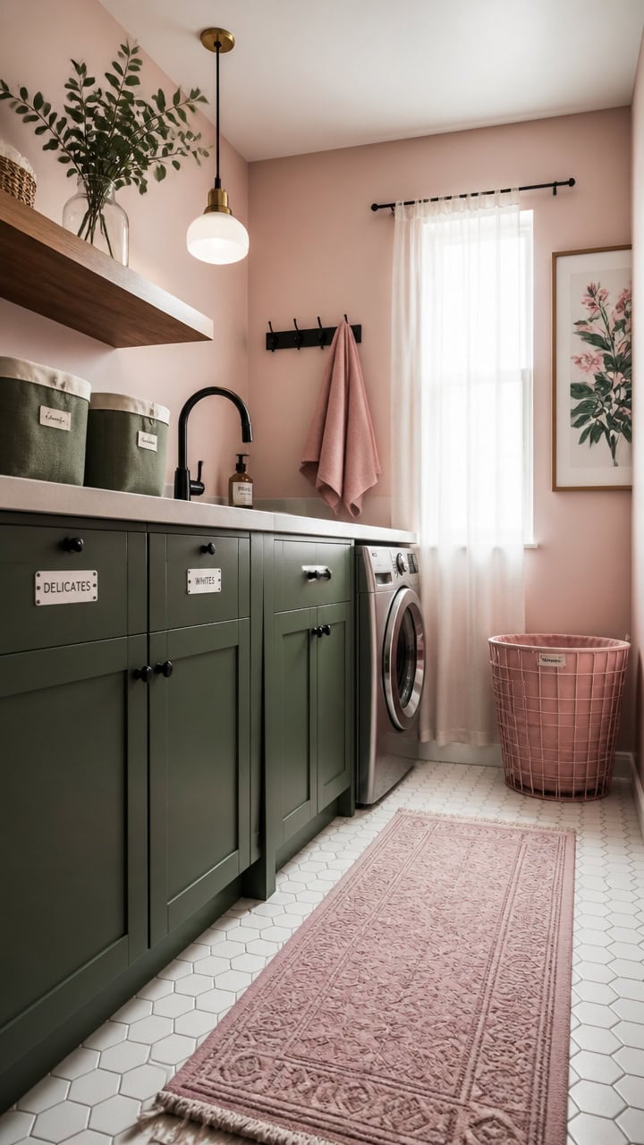 Laundry room with green cabinetry, washing machine, and soft natural light from a window. Stylish de.