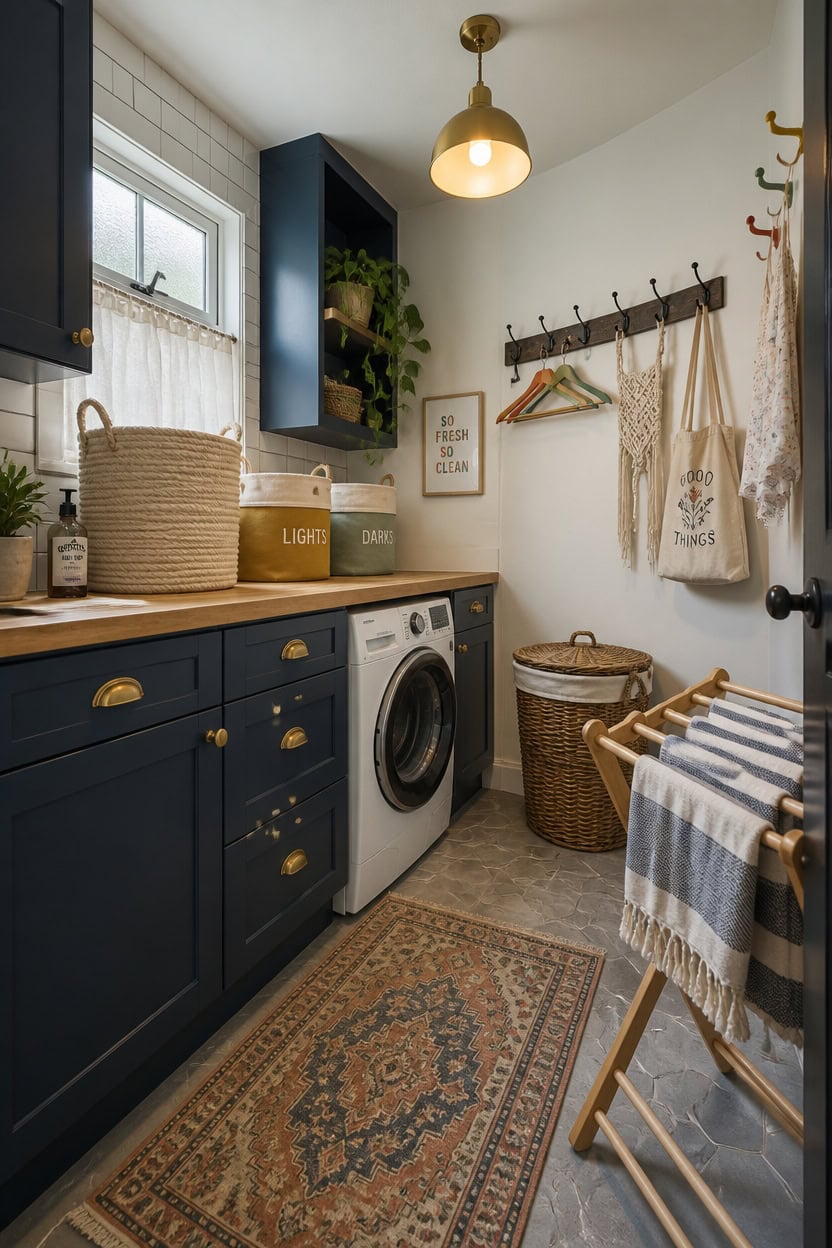 Bright laundry room featuring dark blue cabinetry, a washing machine, and natural light from a windo.