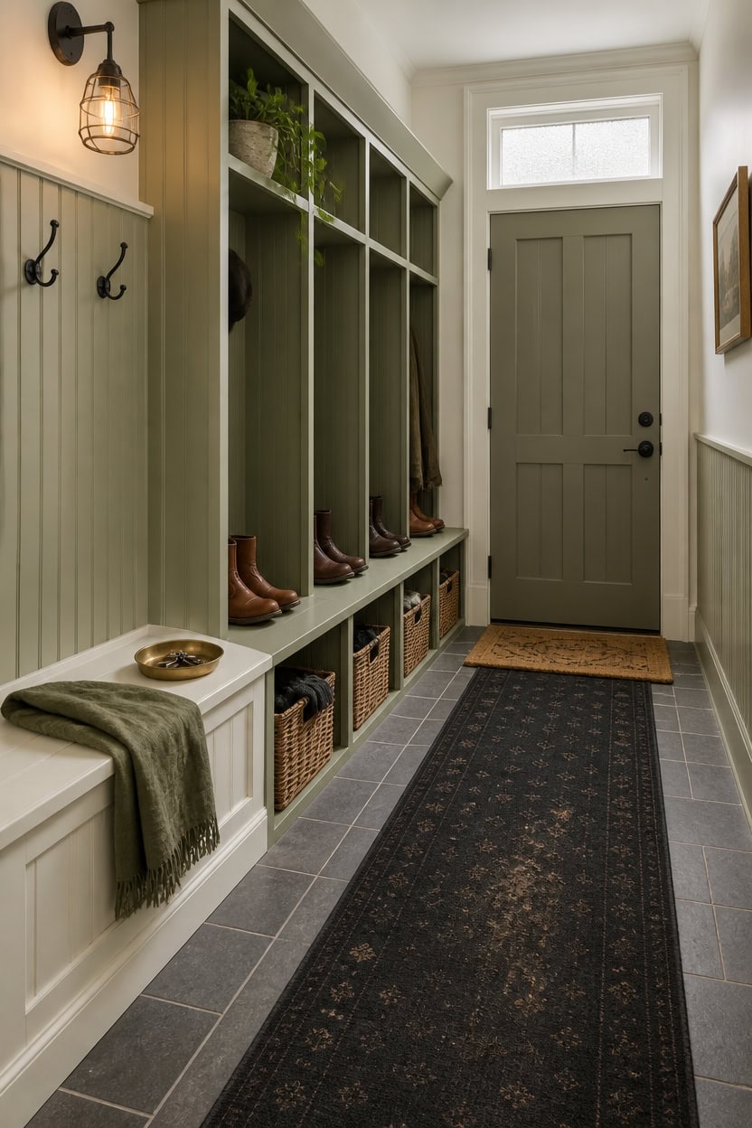 Entryway with storage bench, hooks, and shoe cubbies.