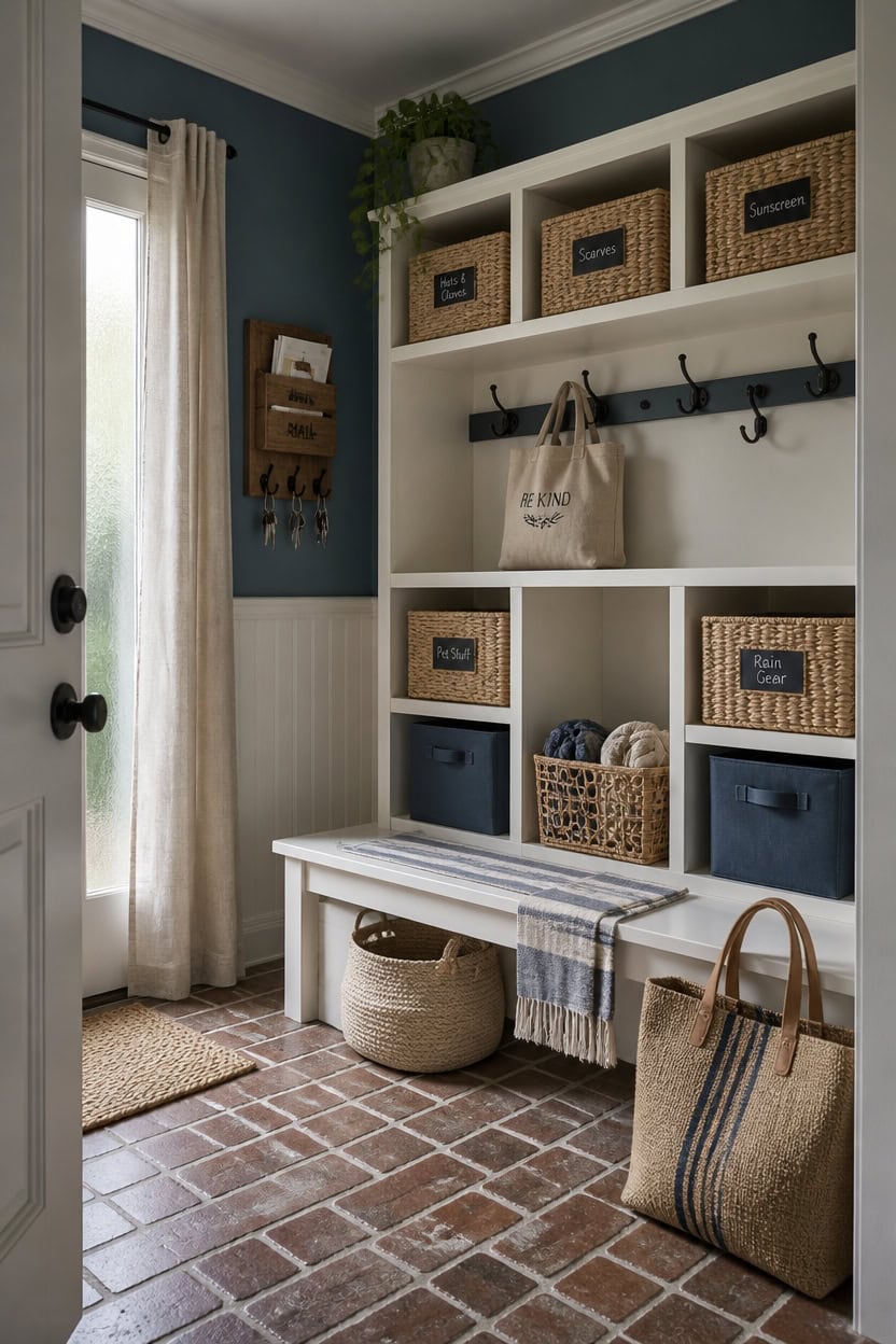 Organized mudroom with hooks, baskets, and storage bins in a modern home.