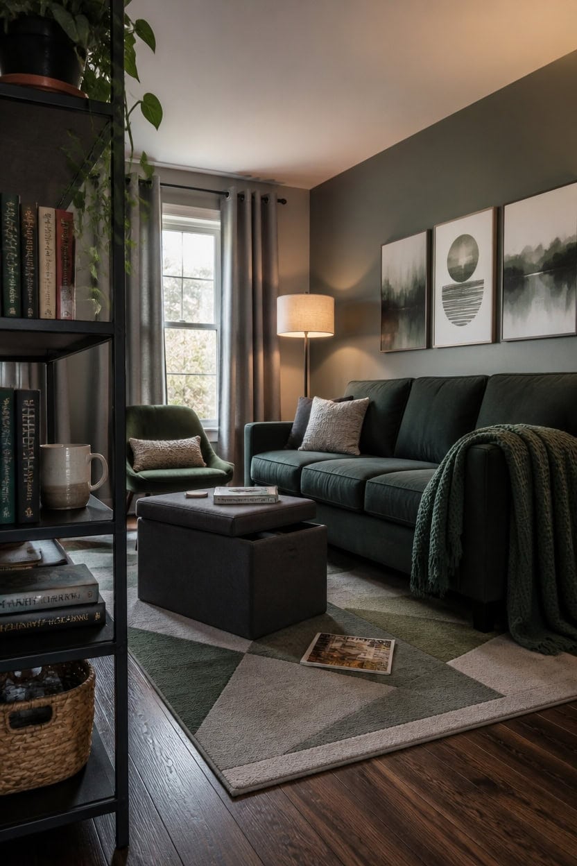Elegant gray and green living room with comfortable sofa and decorative accents.