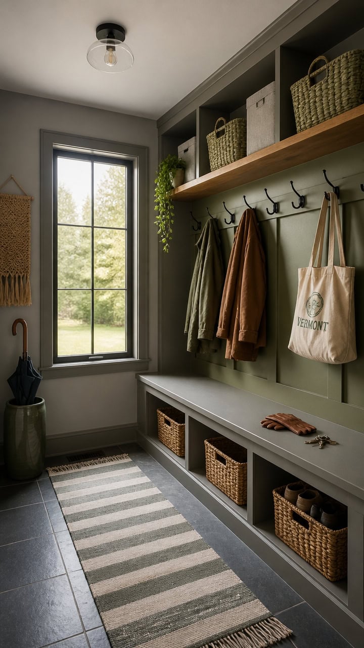 practical gray and green mudroom