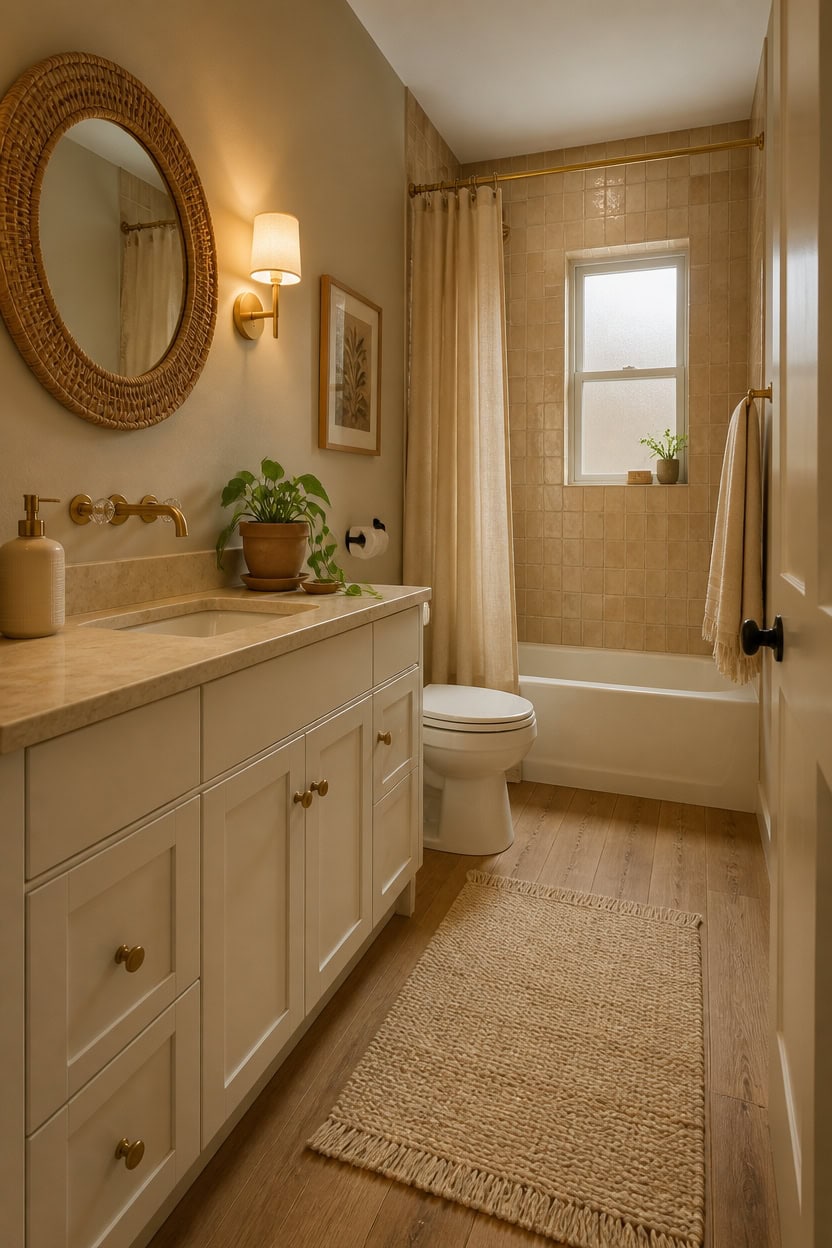 Bright bathroom featuring a large window and elegant decor. Perfect for relaxing and daily routines.