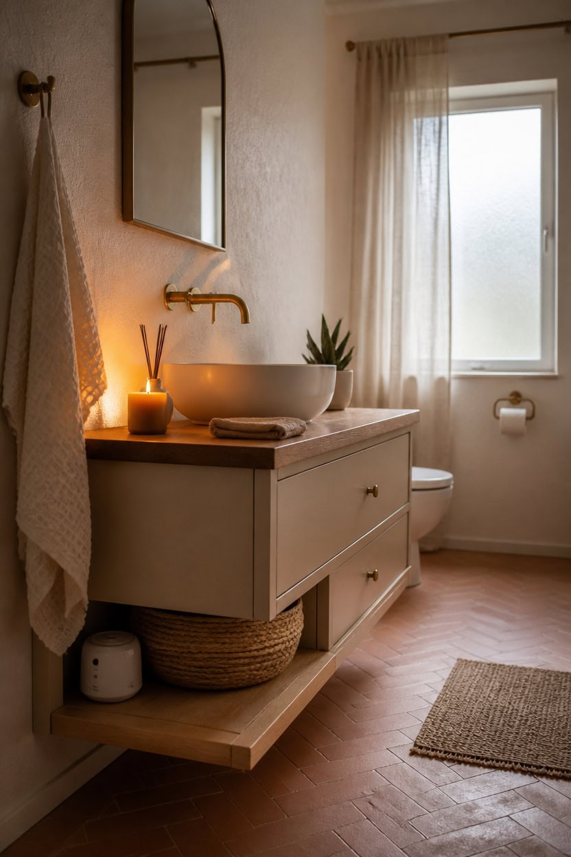 Modern bathroom with a stylish vanity, vessel sink, and warm lighting, perfect for relaxing at Apartment ABC.