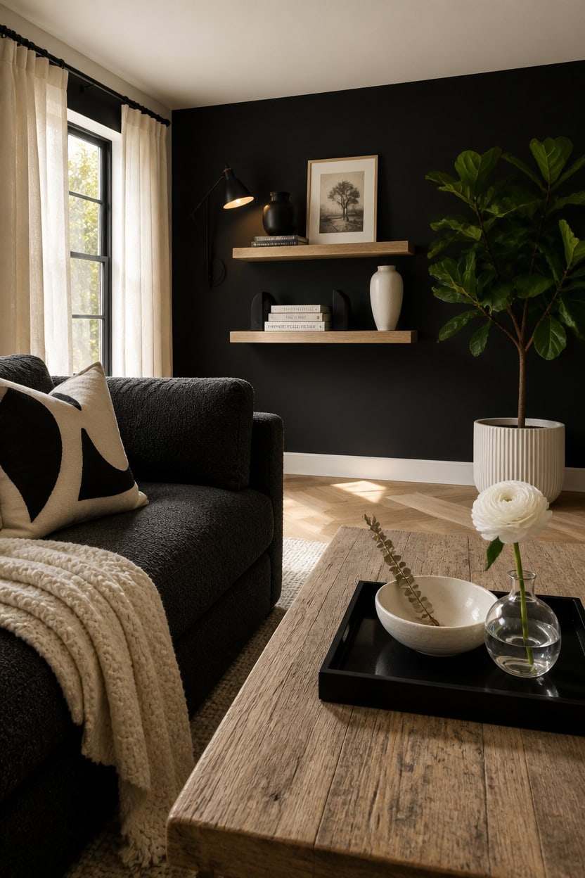 Stylish living room with black accent wall, large window, and modern decor.