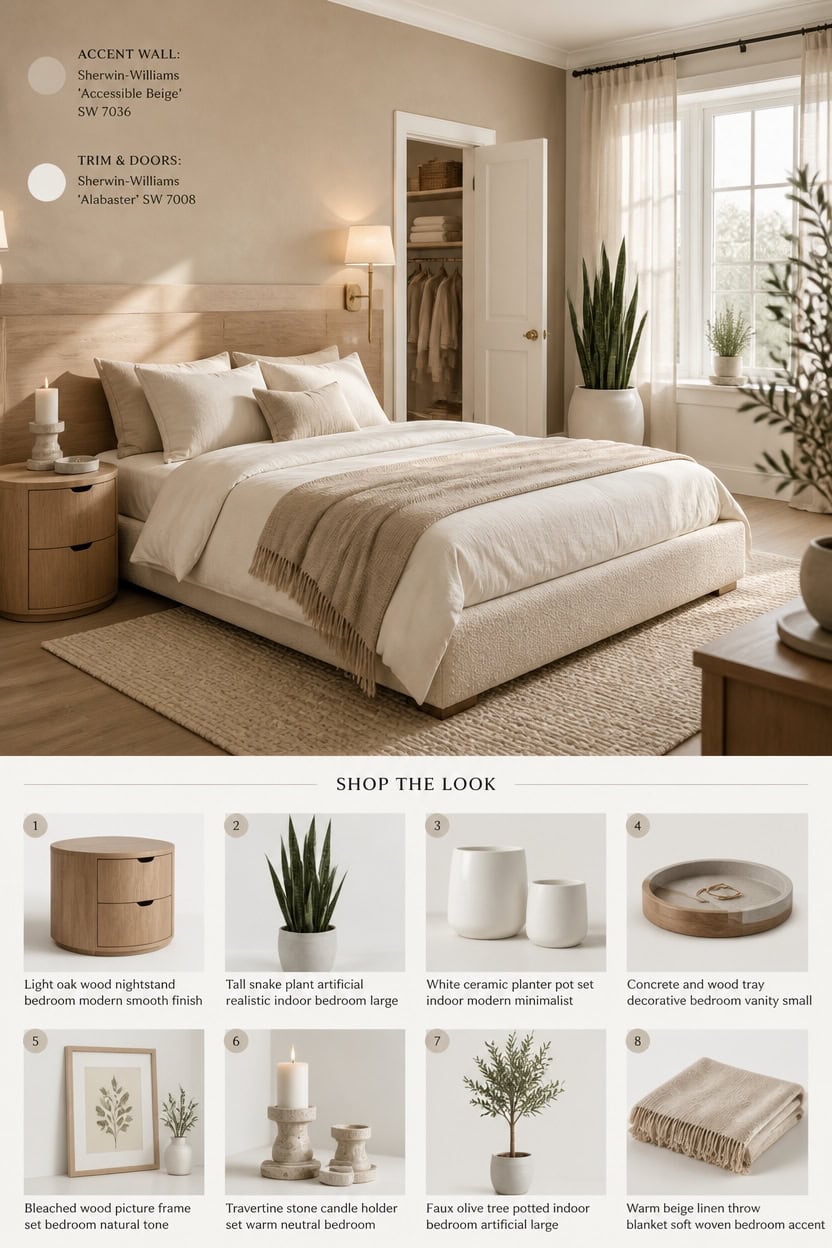 Bright and cozy bedroom featuring a neutral color palette, large window with natural light, and stylish decor accents.