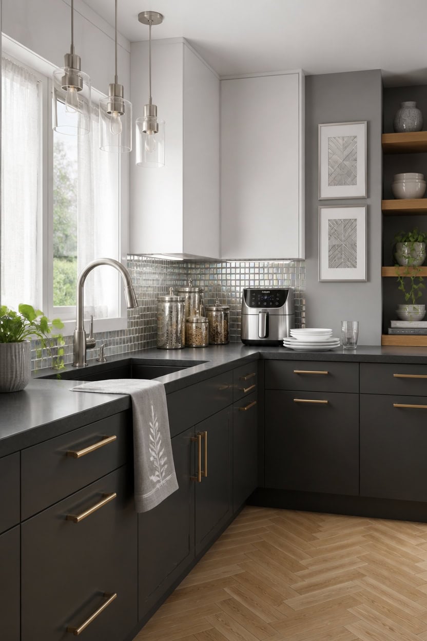 Bright modern kitchen with gray cabinets, natural light from window, and stylish decor. Perfect for.