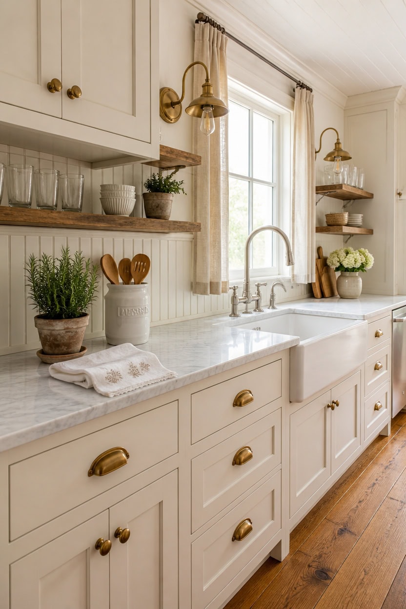 Bright kitchen with white cabinetry, wooden accents, and large window.
