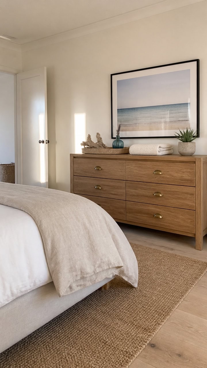 Cozy bedroom featuring a wooden dresser, ocean-themed artwork, and natural light, perfect for relaxing coastal apartment livi.