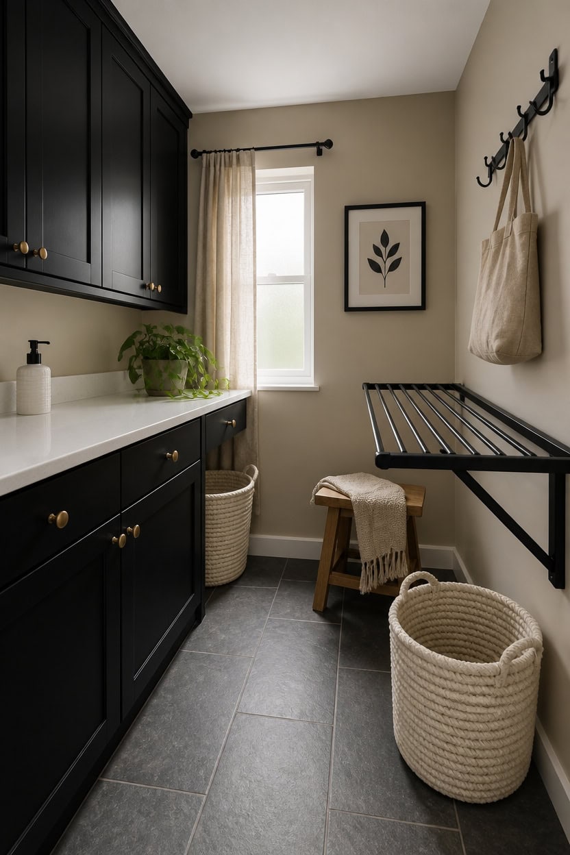 Modern laundry room with black cabinets, white countertop, and natural light from window.