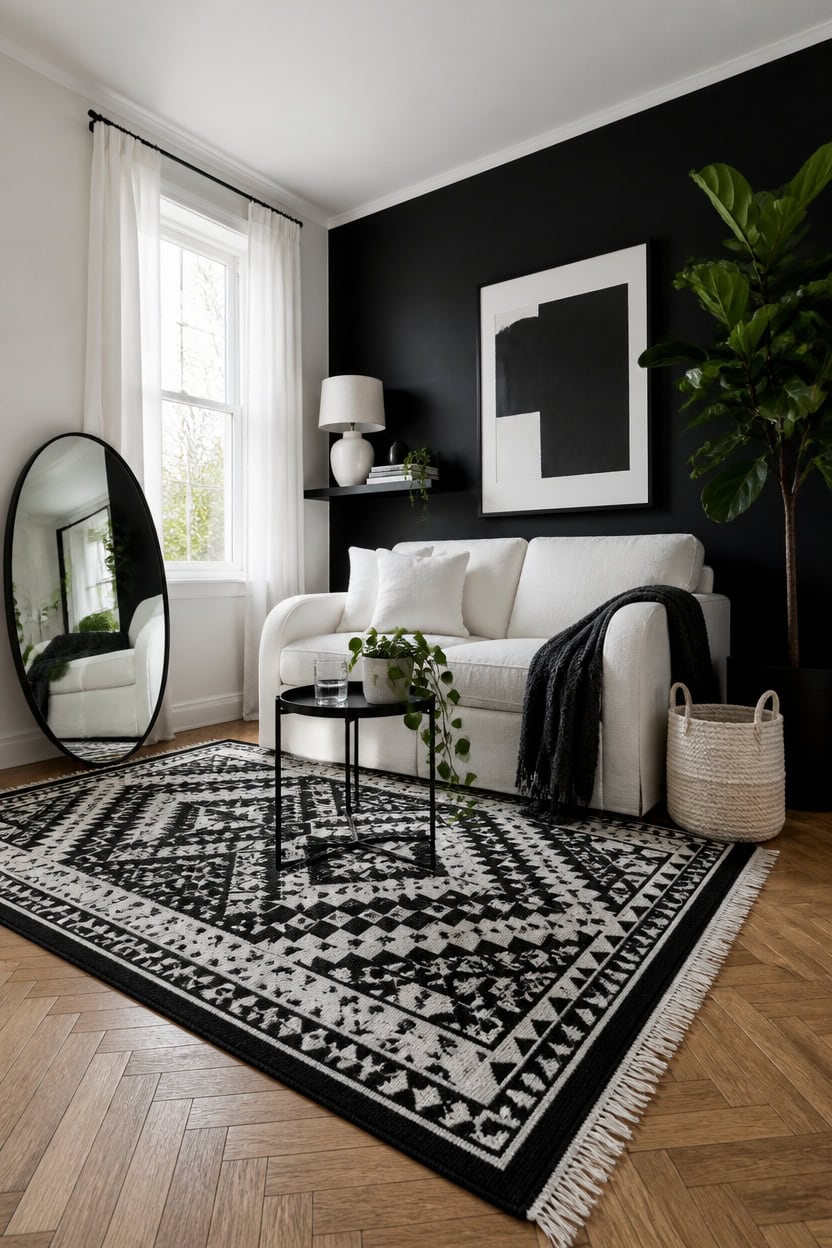 Stylish black and white living room with cozy sofa, large mirror, and decorative plants.