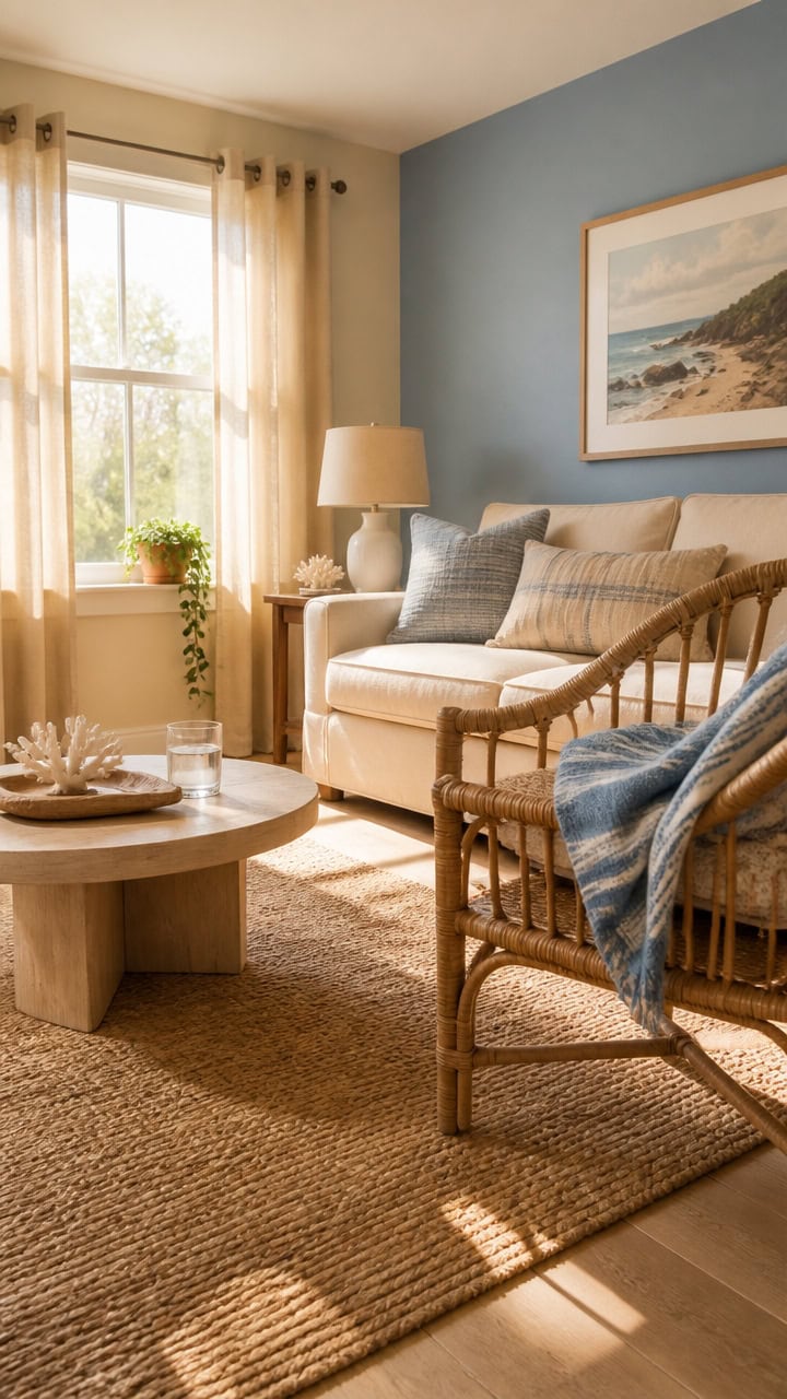 Bright living room with large window, beige sofa, wicker chair, and coastal decor, creating a warm and inviting atmosphere.